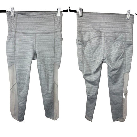 ATHLETA CHAT TO TOWN Sz S  Striped Gray White Crop Pocket Mesh Leggings - Picture 1 of 6